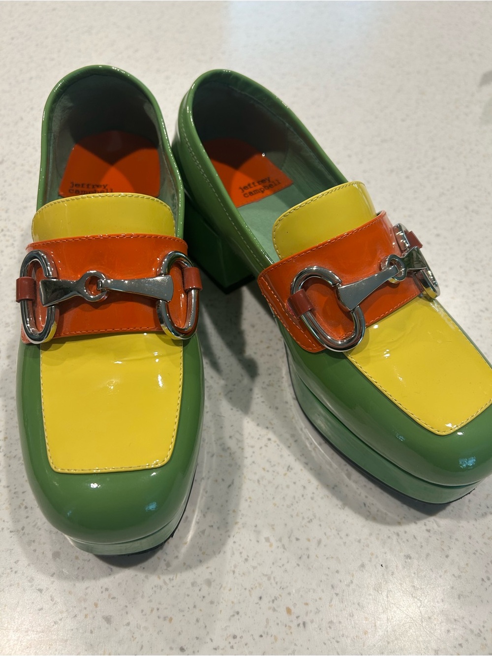 Jeffrey Campbell Patent Platform Loafers in Green, Yellow & Orange - Picture 2 of 4